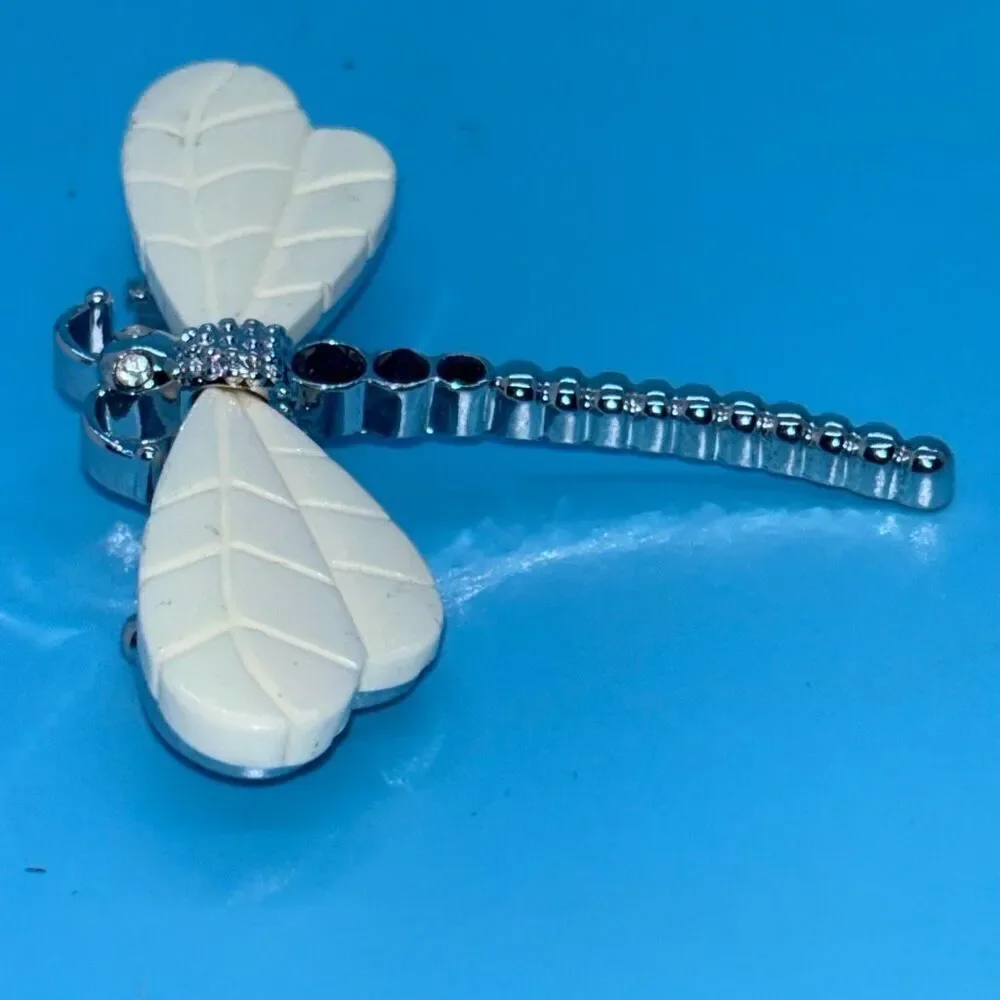 Vtg Joan Rivers Dragonfly pin brooch silver white opal wings crystal body +box